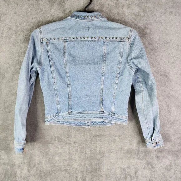 Womens Cache Studded Blue Denim Jean Jacket Button Up Long Sleeve Cotton Size L - Picture 5 of 8